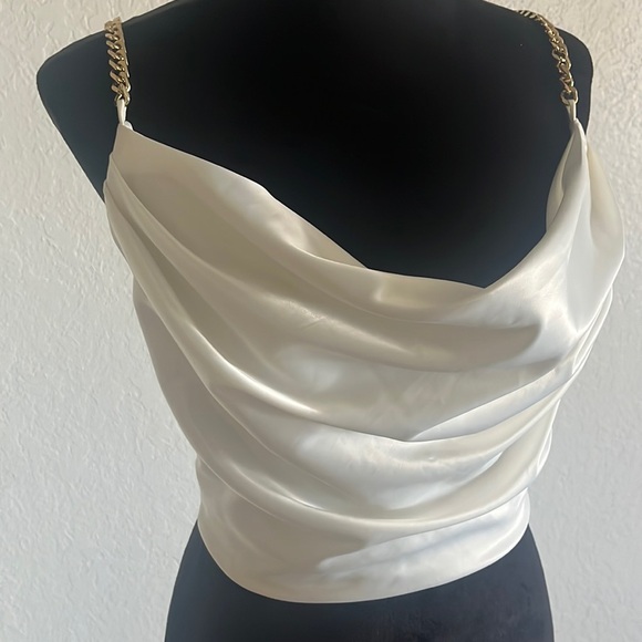 White Satiny Draped Top with Open Chain Back - Picture 1 of 8